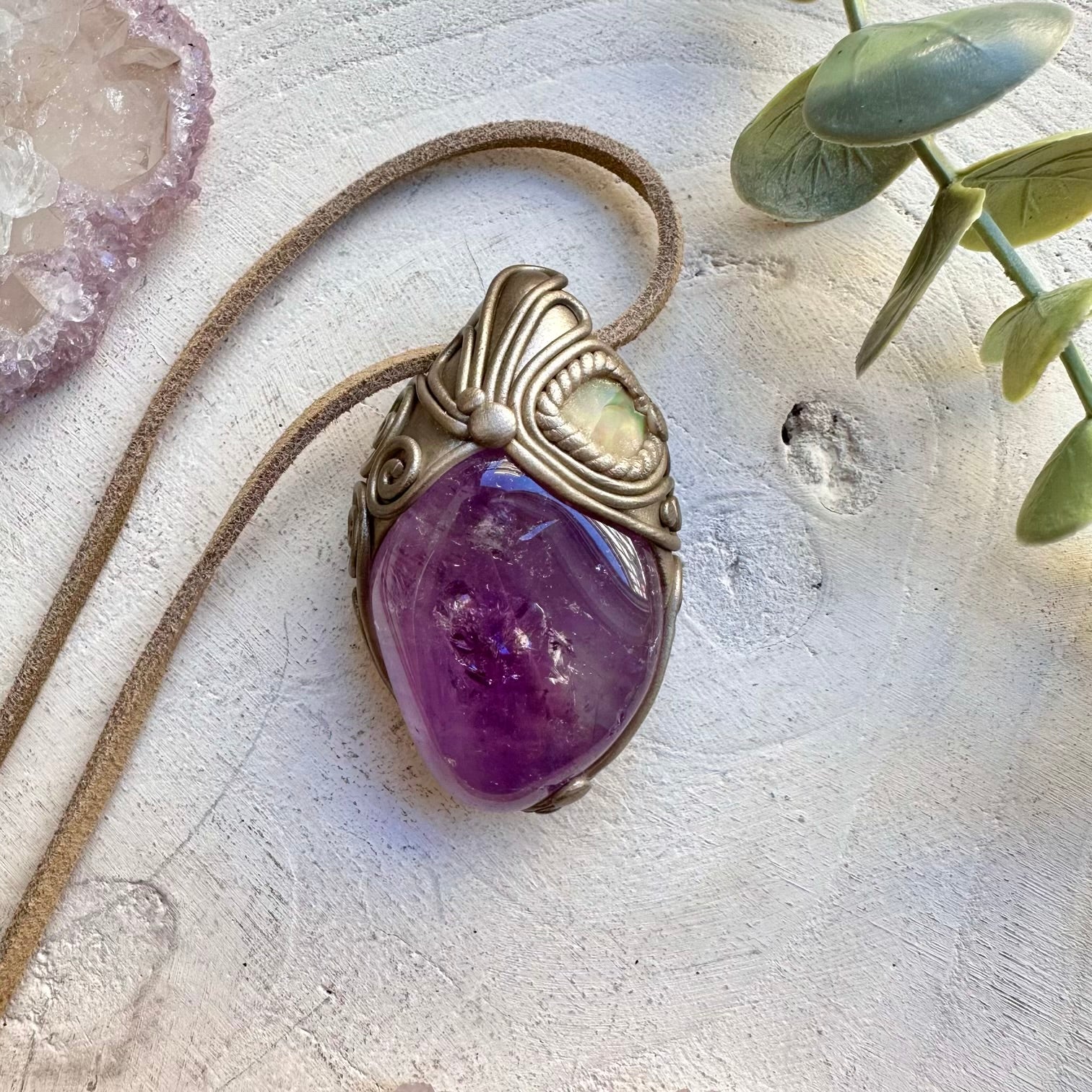 Amethyst and Raw Ethiopian Opal Pendant Necklace