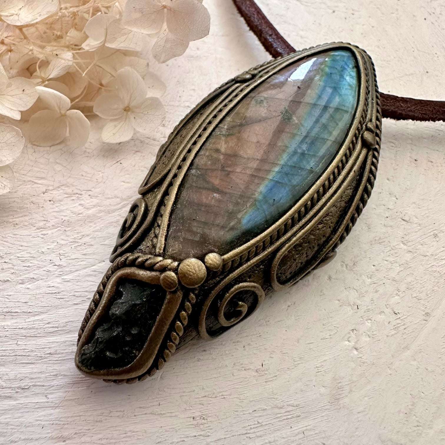 Labradorite and Moldavite Pendant Necklace - FairyGardenGlow