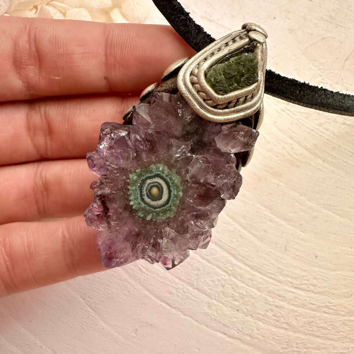 Amethyst Stalactite and Raw Moldavite Crystal Necklace - FairyGardenGlow
