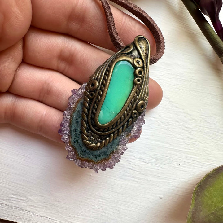 Amethyst Stalactite and Chrysoprase Pendant Necklace - FairyGardenGlow