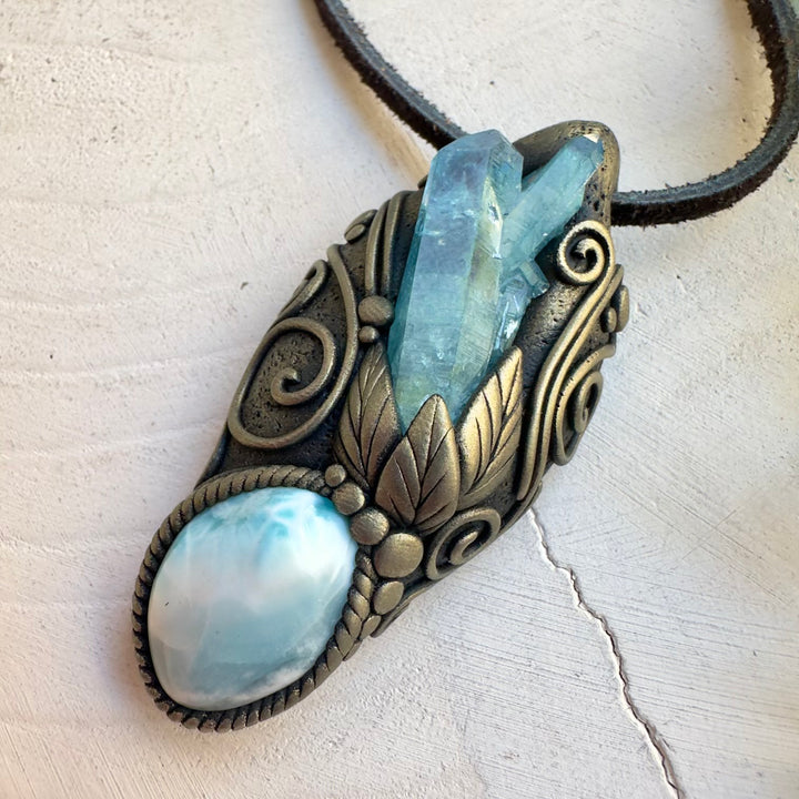 One of a kind Larimar and aqua aura cluster gemstone necklace