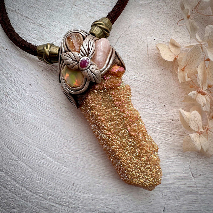 Sunset Aura Spirit Quartz Morganite Imperial Topaz Ethiopian Opal and Ruby Pendant Necklace - FairyGardenGlow