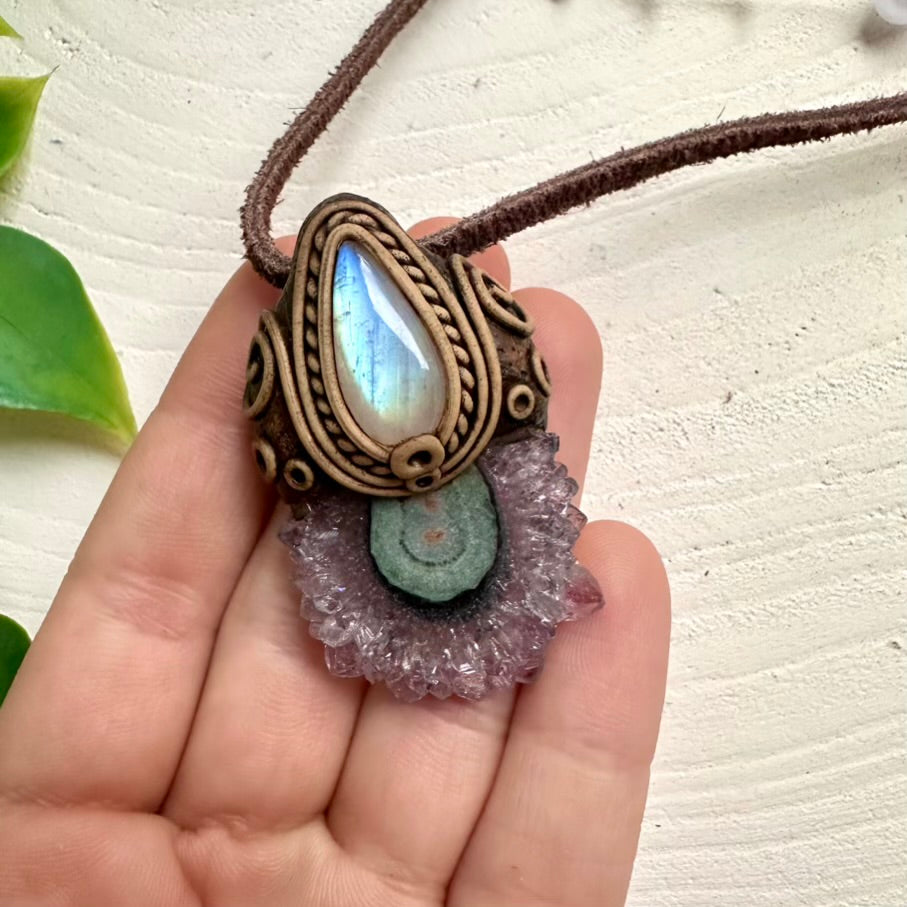 Amethyst Stalactite and Rainbow Moonstone Necklace