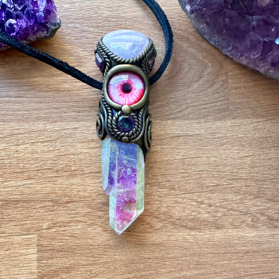 Angel Aura Quartz Rose Quartz Ruby and Mystic Topaz Eye Healing Crystal Talisman - FairyGardenGlow