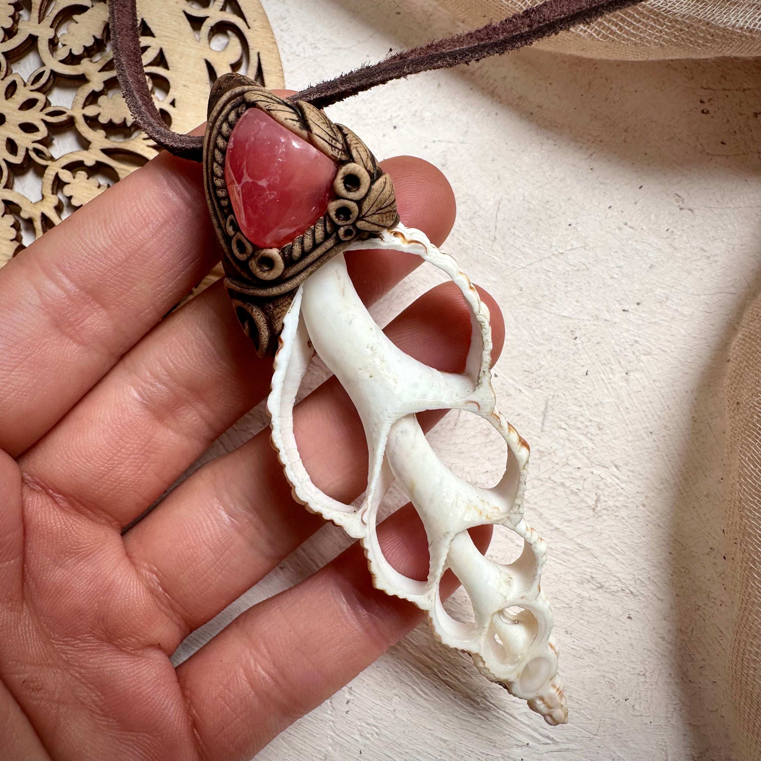 Seashell and Rhdoochrosite Necklace - FairyGardenGlow