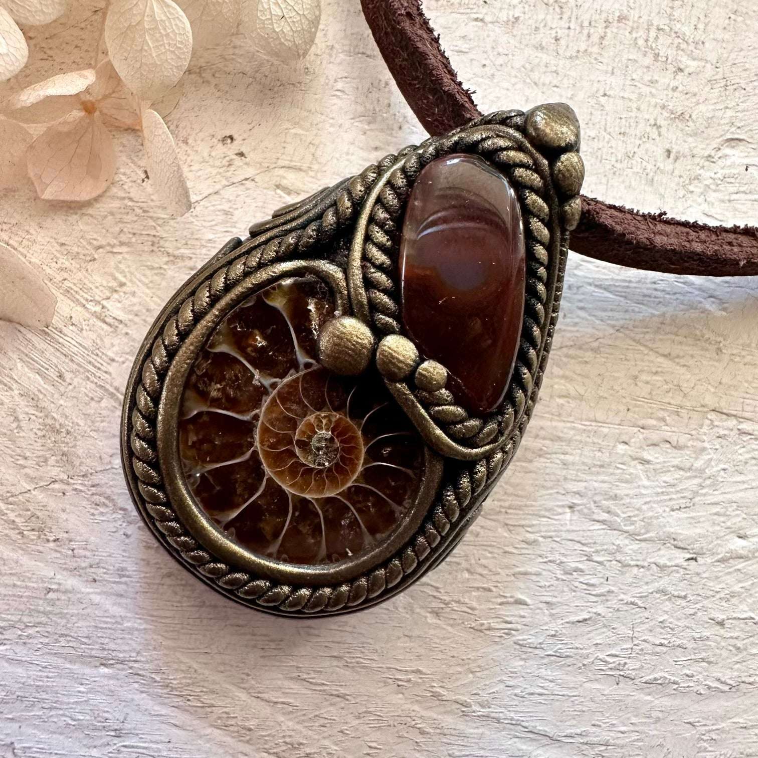 Ammonite and Fire Agate Necklace - FairyGardenGlow