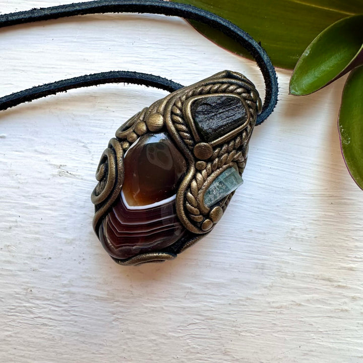 Botswana Agate Aquamarine and Moldavite Necklace, Handmade Crystal Jewelry - FairyGardenGlow