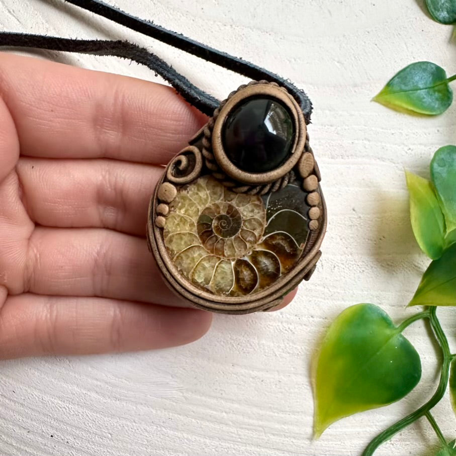 Ammonite and Rainbow Obsidian Pendant Necklace