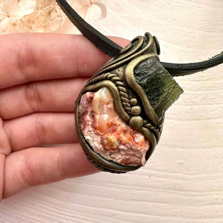Mexican Fire Opal and Moldavite Pendant Necklace - FairyGardenGlow