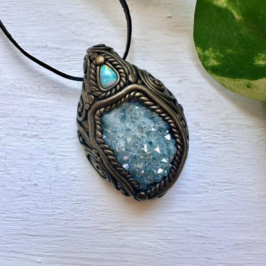 Aqua Aura Quartz Cluster and Australian Opal Necklace - FairyGardenGlow