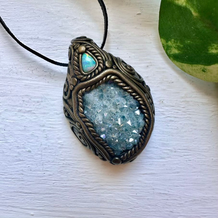 Aqua Aura Quartz Cluster and Australian Opal Necklace - FairyGardenGlow
