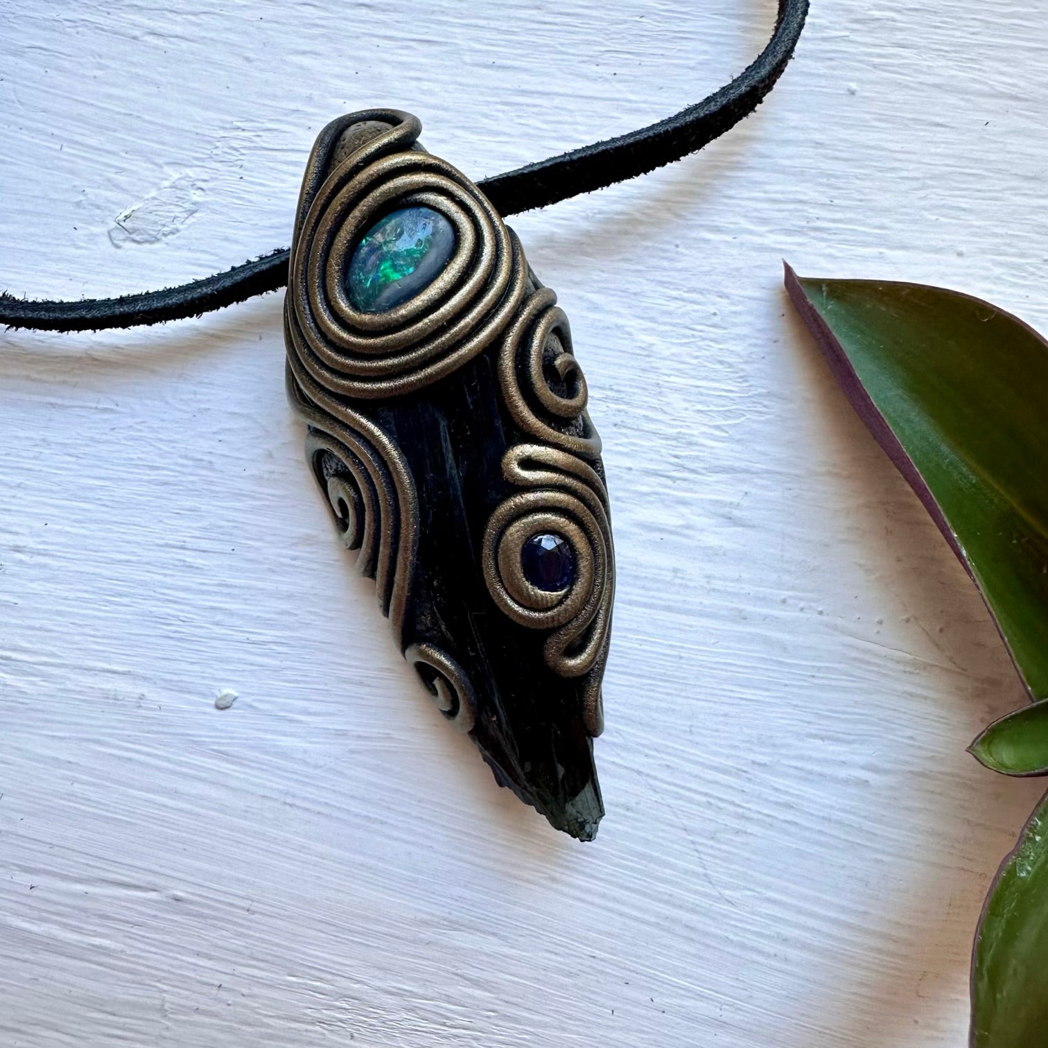 Vivianite Dark Australian Opal and Blue Sapphire Necklace, Handmade Crystal Necklace