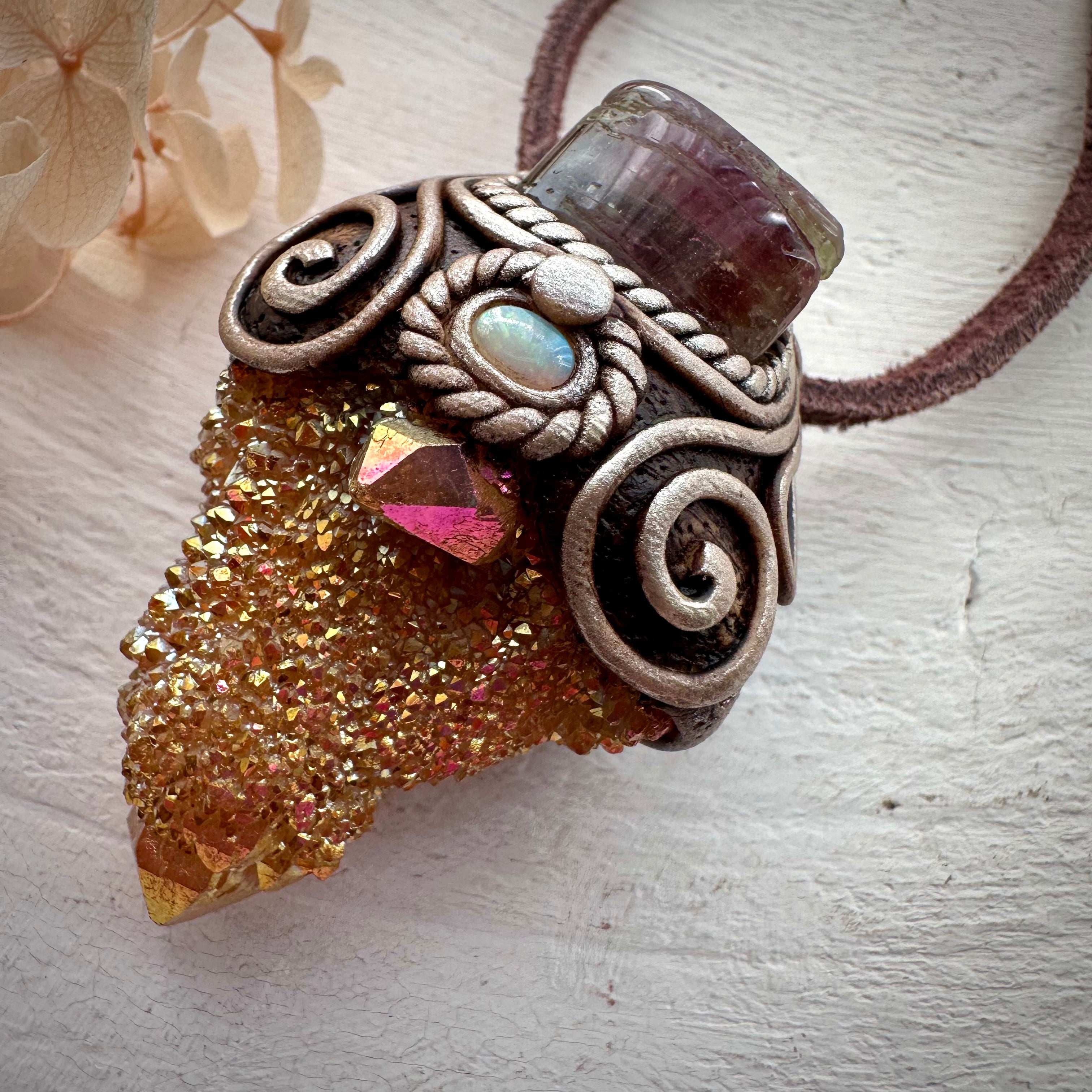 Sunset Aura Spirit Quartz with Bi Color Tourmaline and Australian Opal Necklace - FairyGardenGlow
