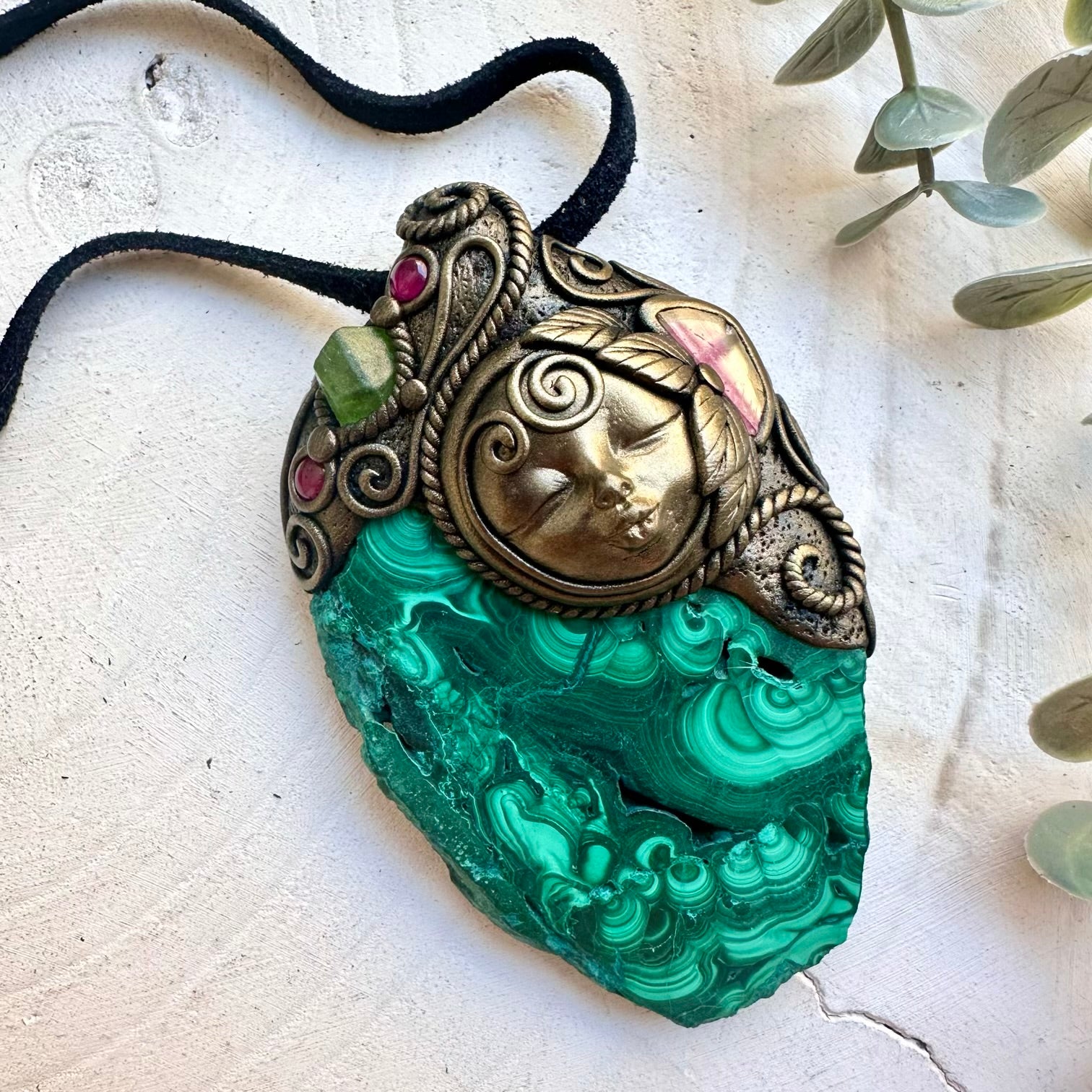 Spiritual goddess necklace featuring green and pink healing stones