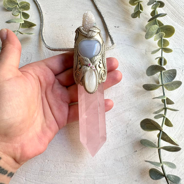 Rose Quartz with Angel Aura Spirit Quartz, Moonstone, Blue Chalcedony Heart and Ruby wand pendant necklace, handcrafted as a unique healing crystal tool.