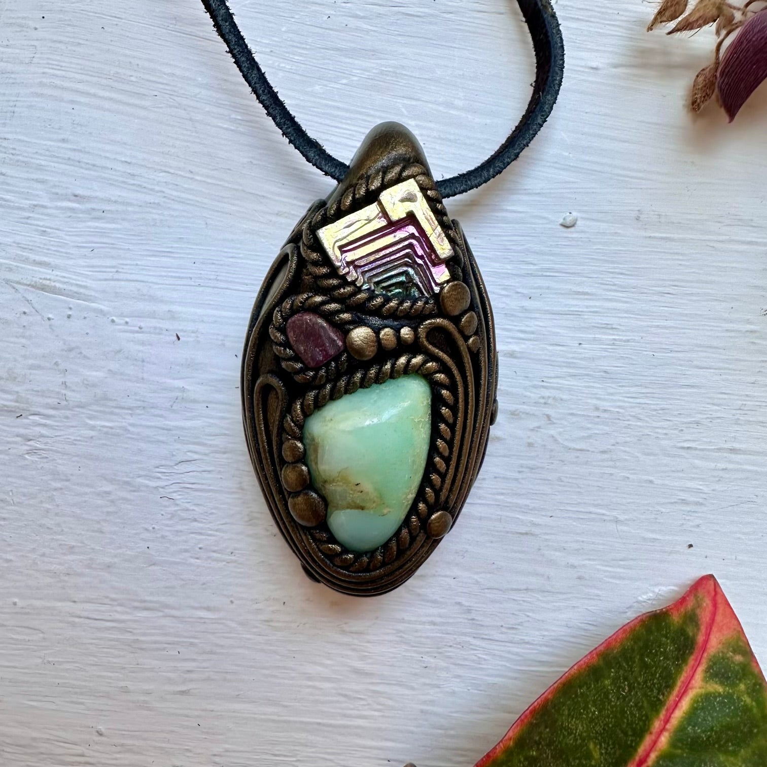 Chrysoprase Bismuth and Ruby Necklace - FairyGardenGlow