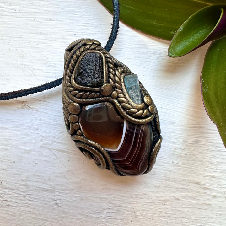 Botswana Agate Aquamarine and Moldavite Necklace, Handmade Crystal Jewelry - FairyGardenGlow