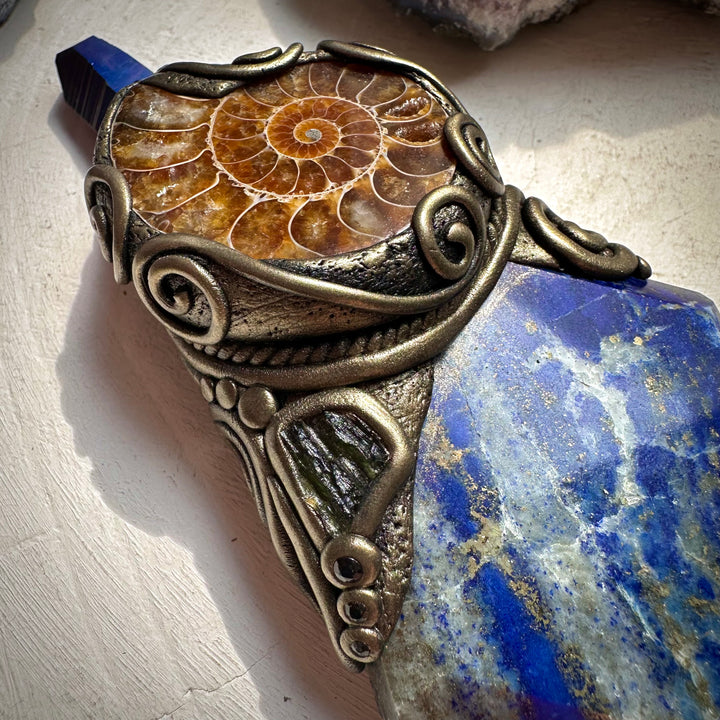 Lapis Lazuli Ammonite Cobalt Aura Quartz Moldavite and Black Onyx Wand / Meditation Focus - FairyGardenGlow