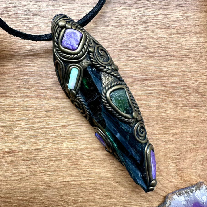 Gorgeous Vivianite with Moldavite, Charoite, Solid Australian Opal, and Lapis Lazuli Healing Crystal Wand-Pendant, Handmade Healing Crystal Talisman - FairyGardenGlow
