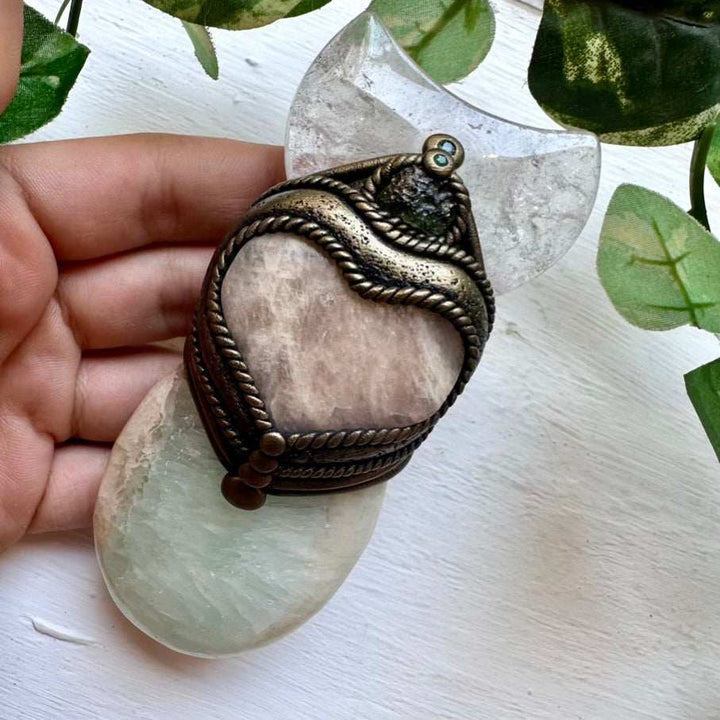 Handmade Crystal Wand with Pistachio Calcite Clear Quartz Moon Moldavite Moonstone Heart and Emerald - FairyGardenGlow