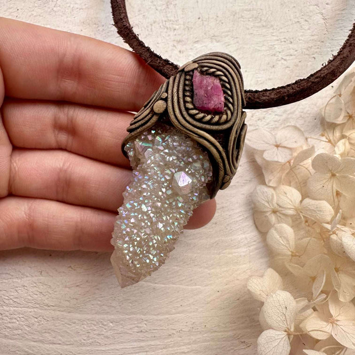 Angel Aura Spirit Quartz and Ruby Pendant Necklace - FairyGardenGlow