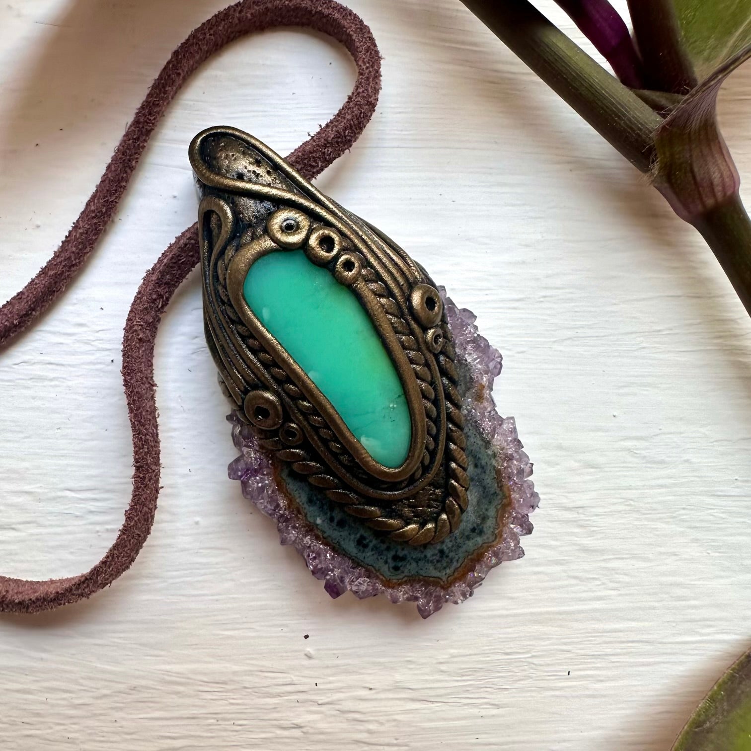 Amethyst Stalactite and Chrysoprase Pendant Necklace - FairyGardenGlow
