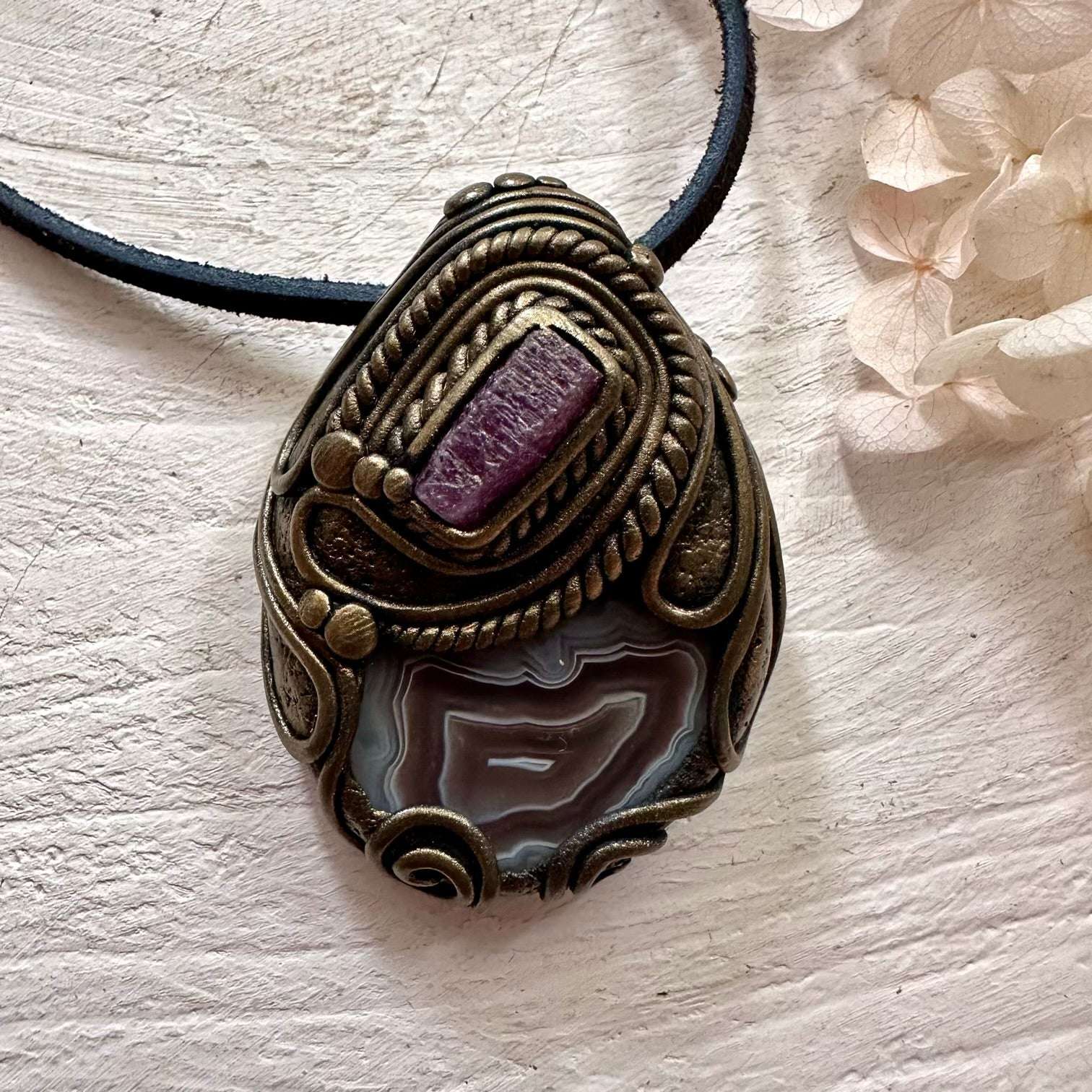 Botswana Agate and Ruby Pendant - FairyGardenGlow