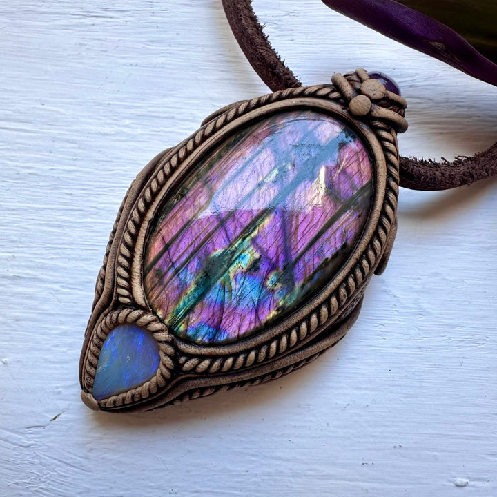 Purple Labradorite Amethyst and Australian Opal Necklace - FairyGardenGlow