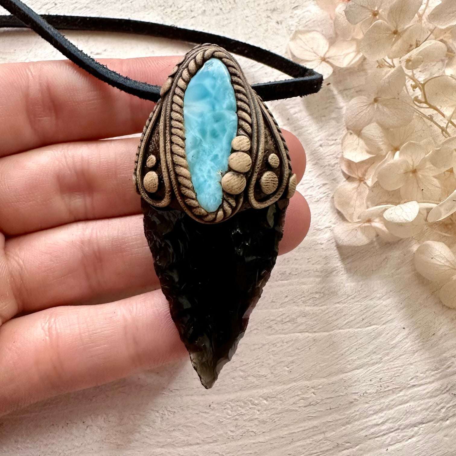 Black Obsidian Arrowhead and Larimar Necklace - FairyGardenGlow
