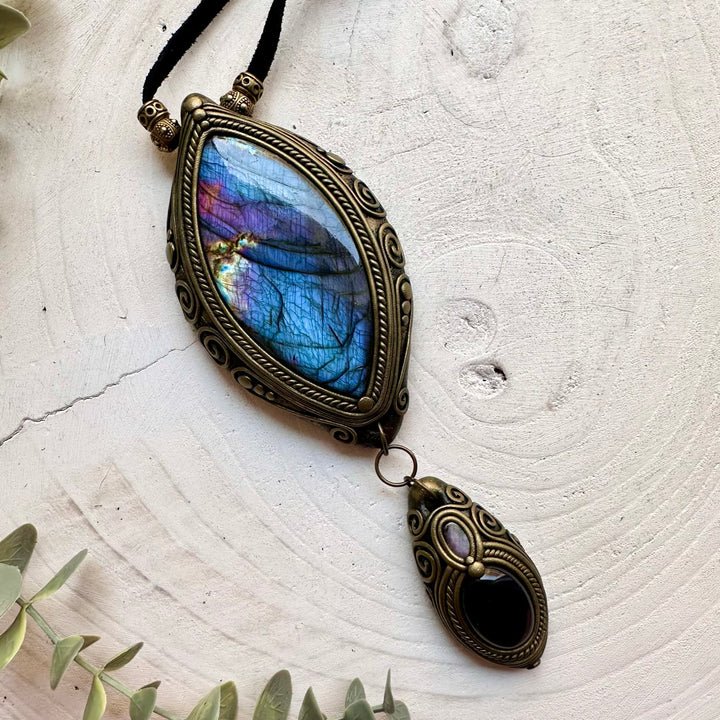 Large Labradorite statement necklace handcrafted with Amethyst and Boulder Opal natural gemstones.