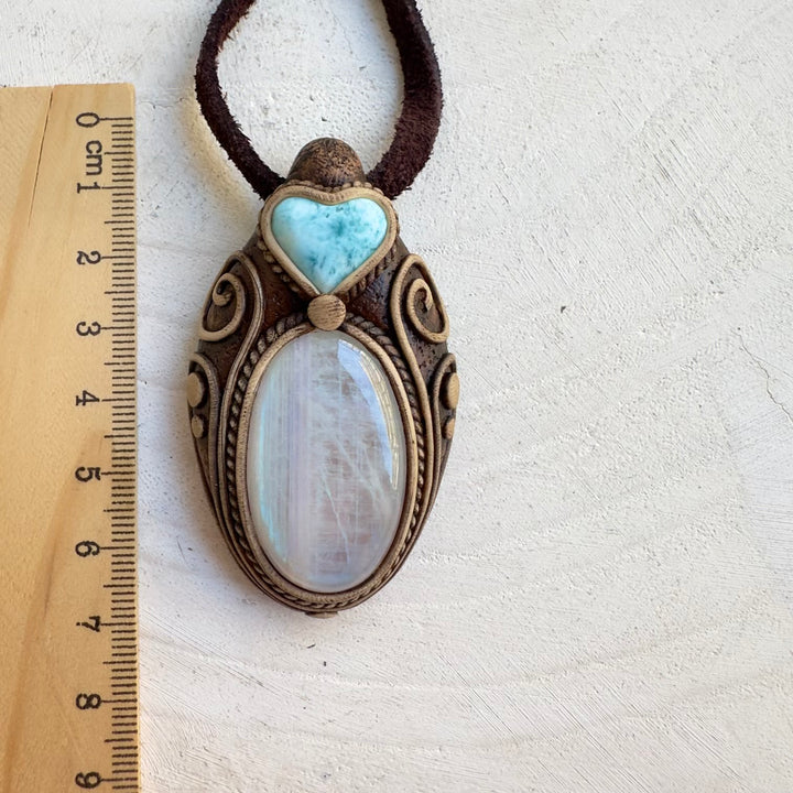 Larimar heart and Rainbow Moonstone healing crystal jewelry