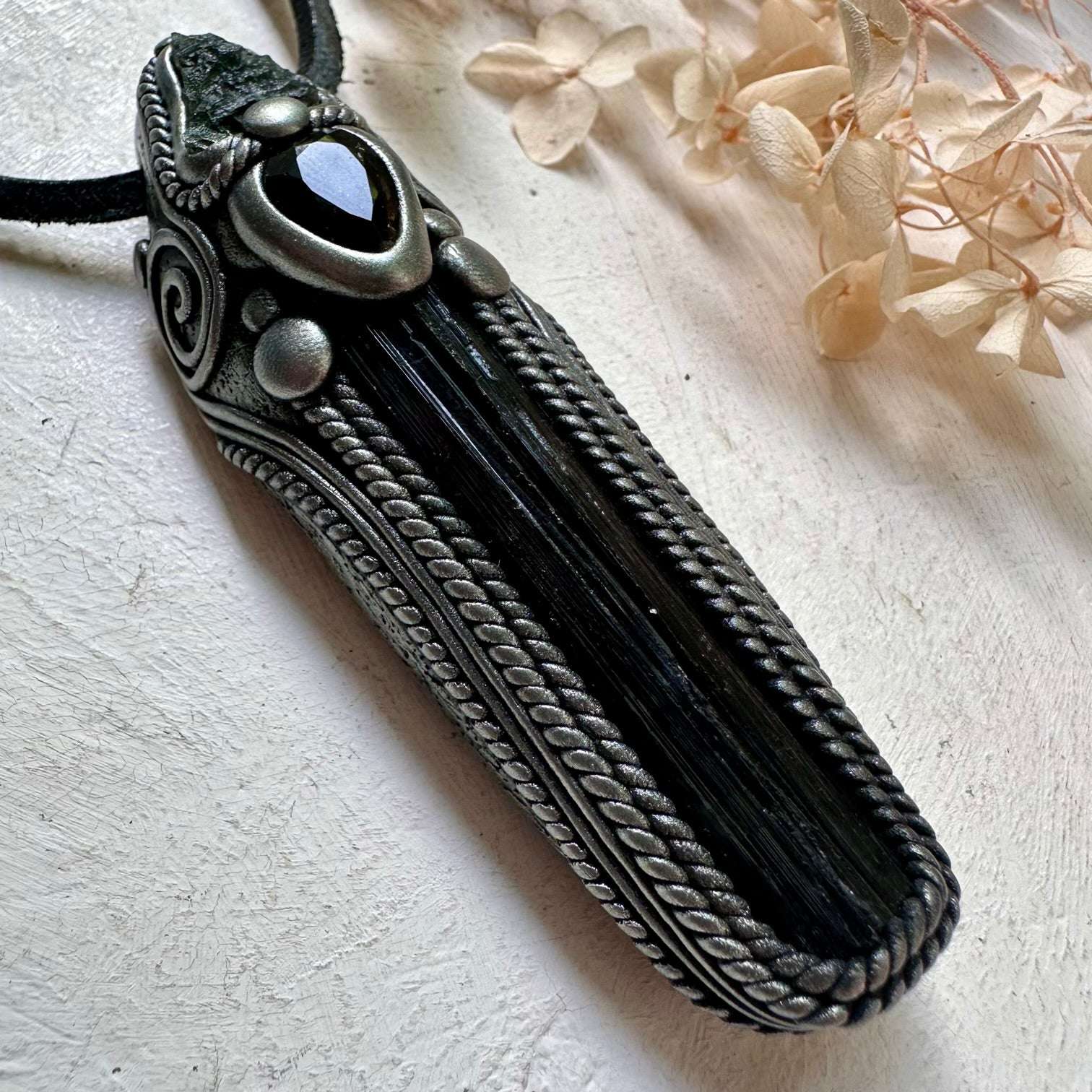 Black Tourmaline Moldavite and Smoky Quartz Wand / Pendant - FairyGardenGlow