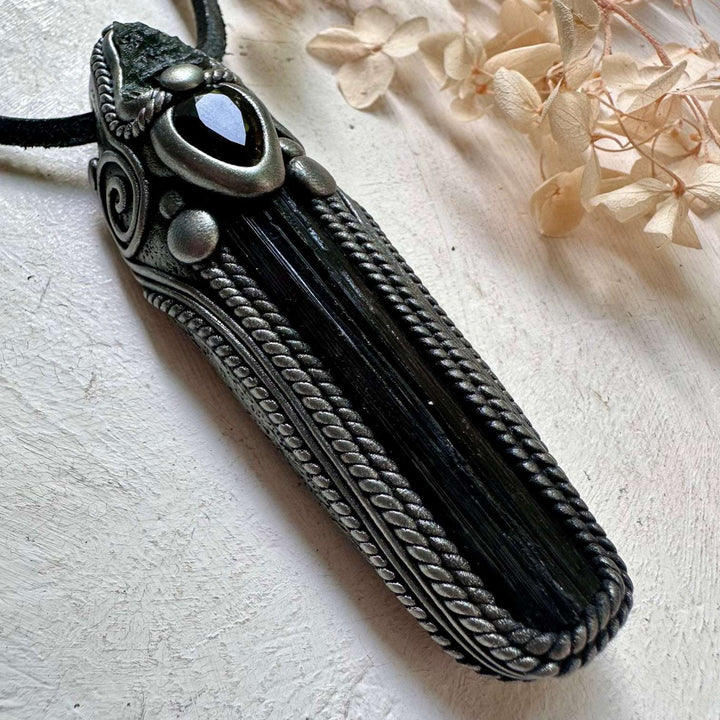 Black Tourmaline Moldavite and Smoky Quartz Wand / Pendant - FairyGardenGlow