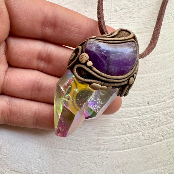 Angel Aura Quartz and Amethyst Moon Necklace, Handmade Crystal Jewelry FairyGardenGlow