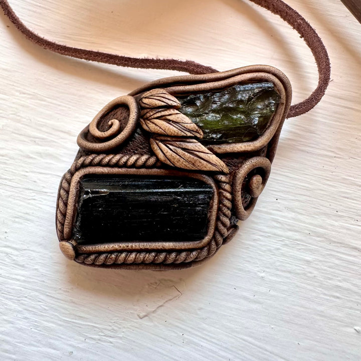 Black Tourmaline and Moldavite Necklace - FairyGardenGlow
