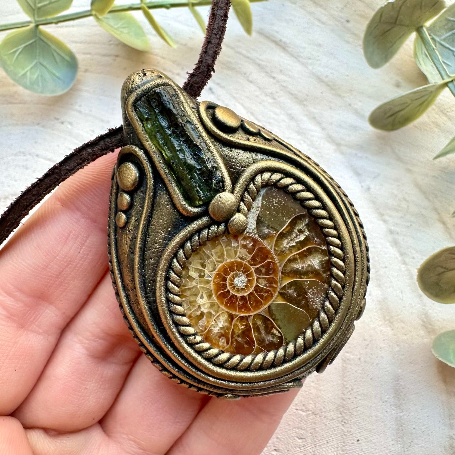 Ammonite Fossil and Raw Moldavite Unisex Crystal Necklace