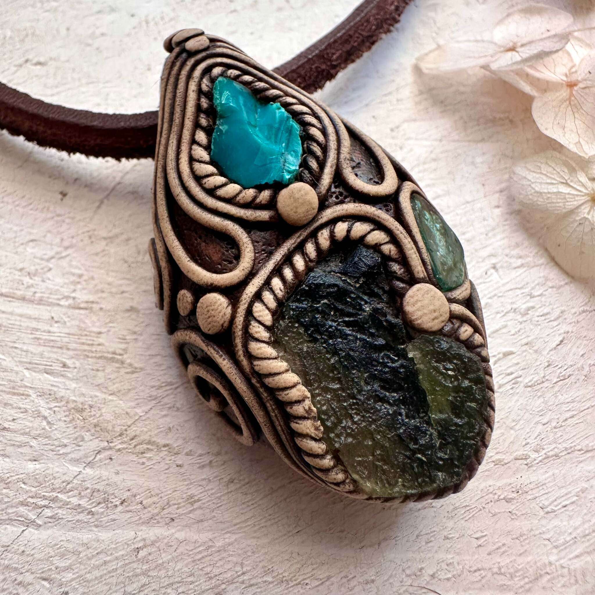 Moldavite Green Tourmaline and Chrysocolla Necklace - FairyGardenGlow
