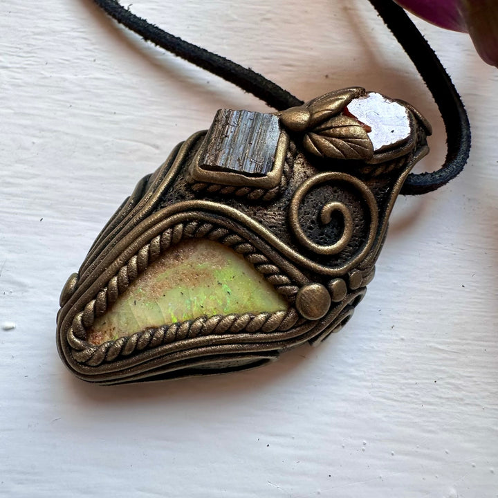 Boulder Opal Black Tourmaline and Vanadinite Pendant Necklace - FairyGardenGlow