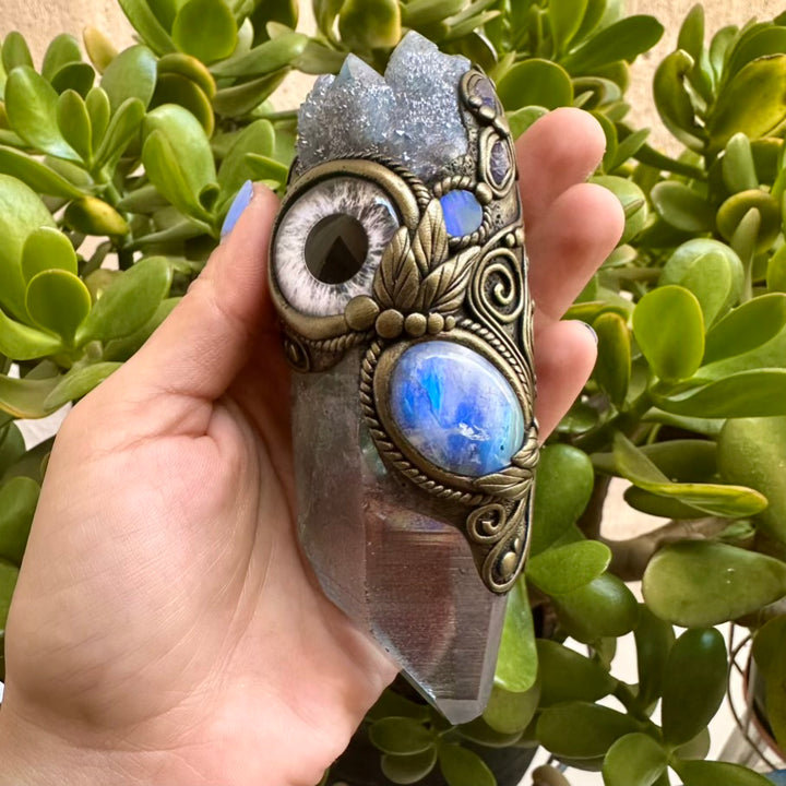 Aqua Aura Quartz Rainbow Moonstone Aqua Aura Spirit Quartz Australian Opal and Tanzanite Third Eye Healing Crystal Wand - FairyGardenGlow