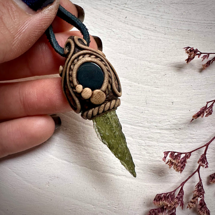 Moldavite and Black Onyx Necklace - FairyGardenGlow