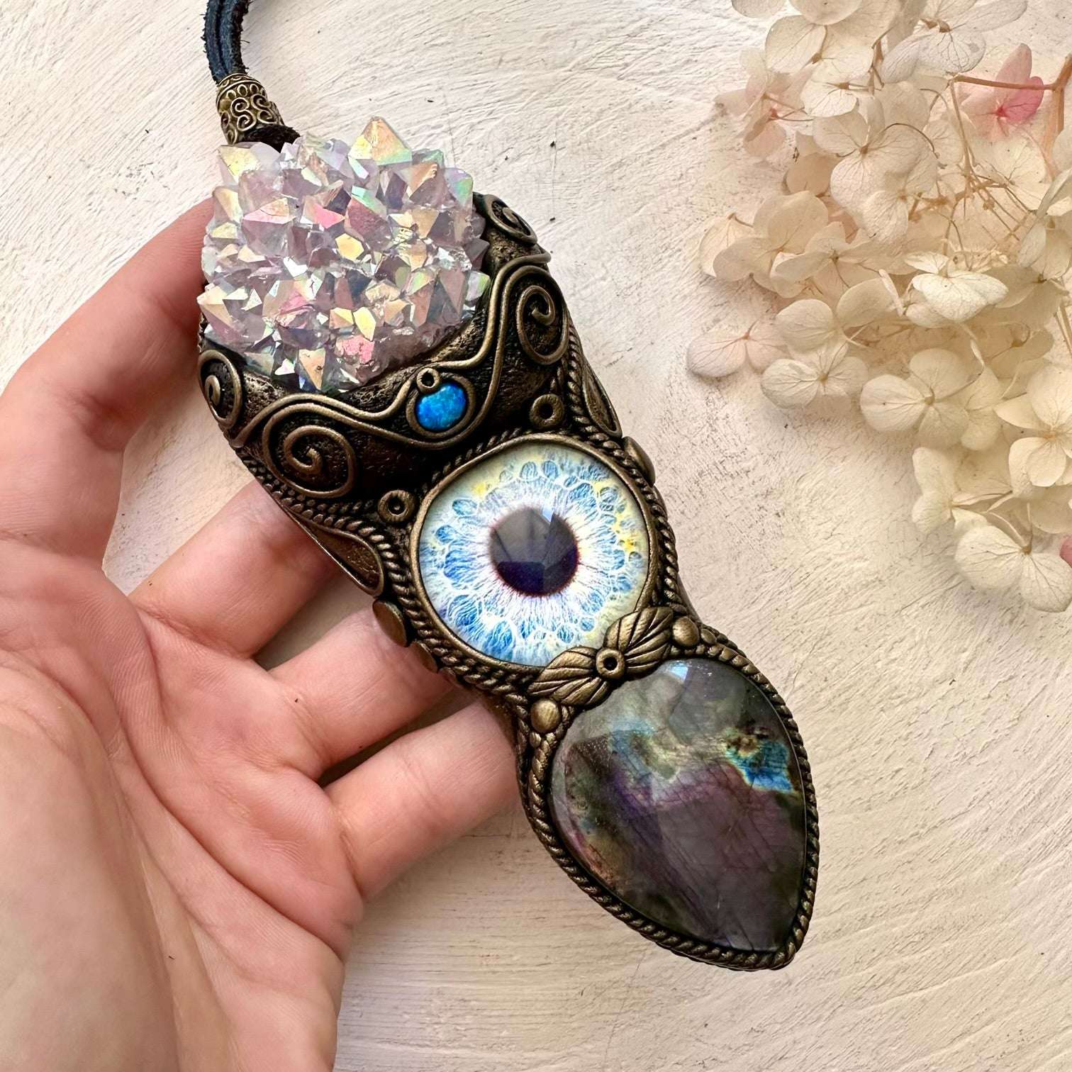 Angel Aura Amethyst Cluster Purple Labradorite and Australian Opal Eye Wand / Pendant - FairyGardenGlow