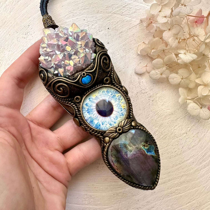 Angel Aura Amethyst Cluster Purple Labradorite and Australian Opal Eye Wand / Pendant - FairyGardenGlow