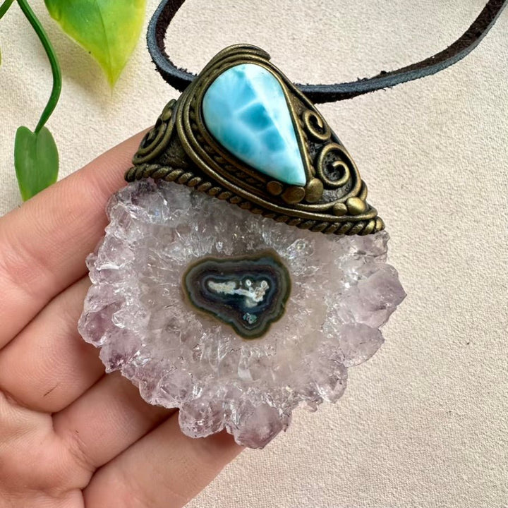 Amethyst Stalactite and Larimar Crystal Necklace - FairyGardenGlow