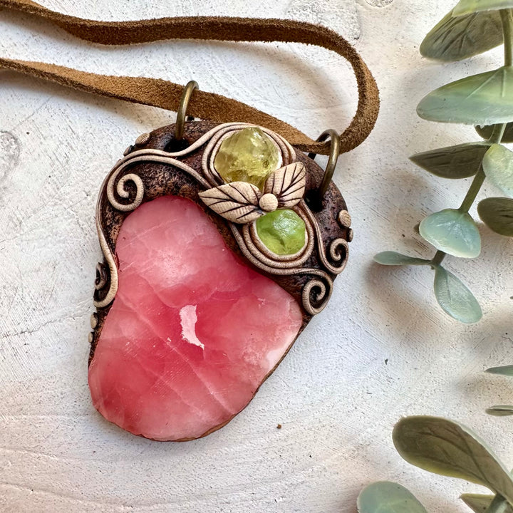 Rhodochrosite, Peridot & Brazilianite Necklace – Spiritual Healing Crystal Pendant Jewelry