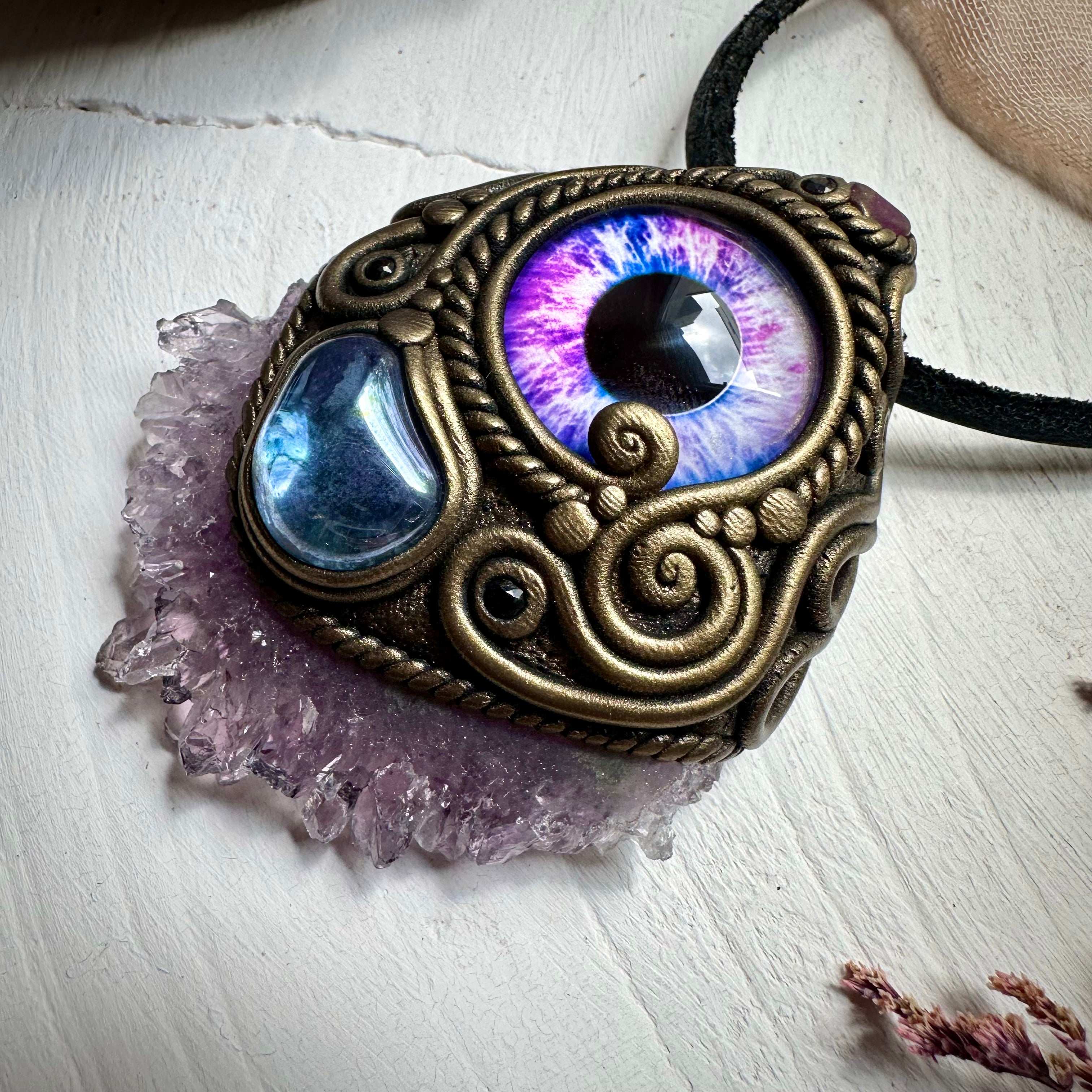 Amethyst Stalactite Aqua Aura Quartz Ruby and Blue Sapphire Eye Necklace - FairyGardenGlow