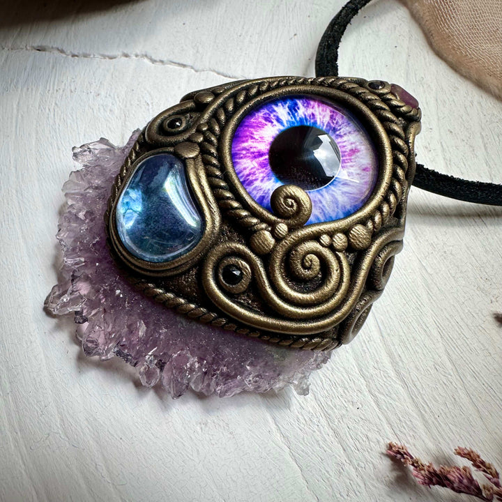 Amethyst Stalactite Aqua Aura Quartz Ruby and Blue Sapphire Eye Necklace - FairyGardenGlow