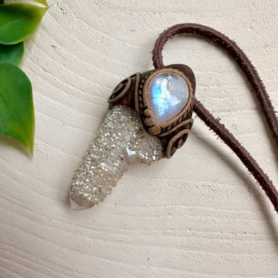 Boho crystal pendant with iridescent Spirit Quartz and Moonstone