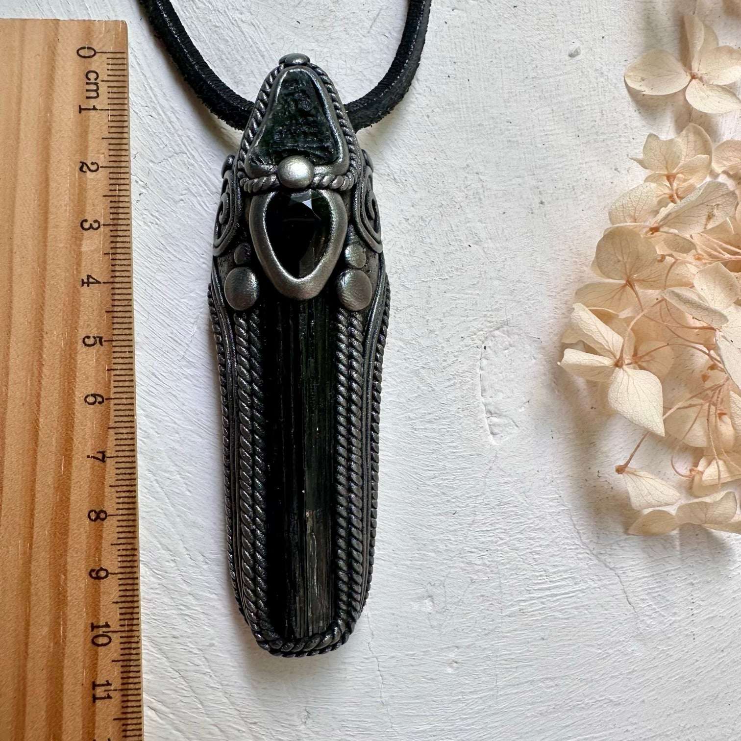 Black Tourmaline Moldavite and Smoky Quartz Wand / Pendant - FairyGardenGlow