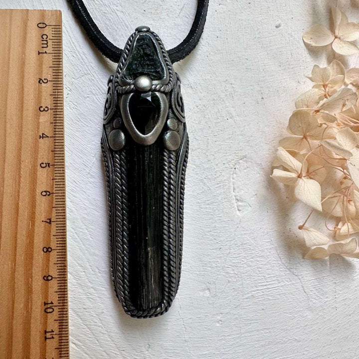 Black Tourmaline Moldavite and Smoky Quartz Wand / Pendant - FairyGardenGlow