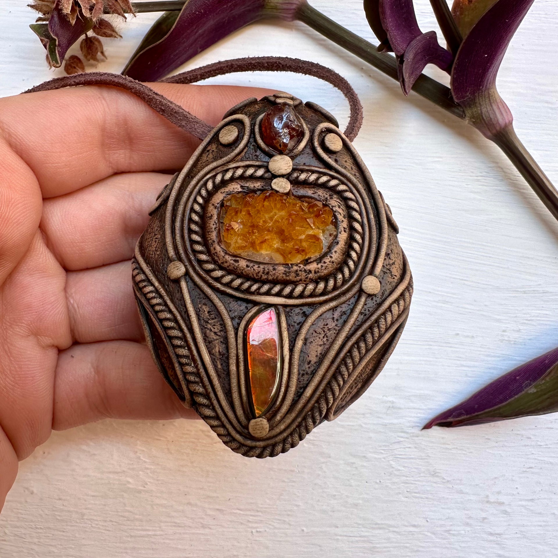 Citrine Cluster Ammolite and Hessonite Garnet Necklace - FairyGardenGlow